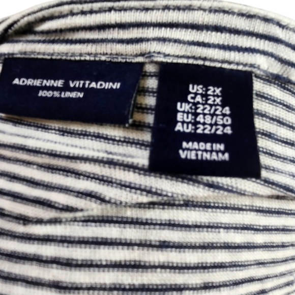 Adrienne Vittadini Women's 2X Linen 3/4 Sleeve Navy Blue and White Striped Top - Picture 8 of 8